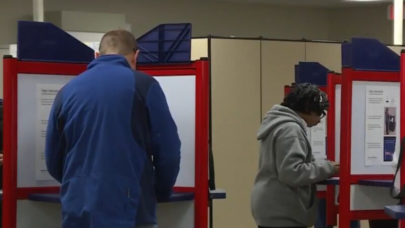 Two People at A Polling Station in Ohio, Voting at Individual Booths