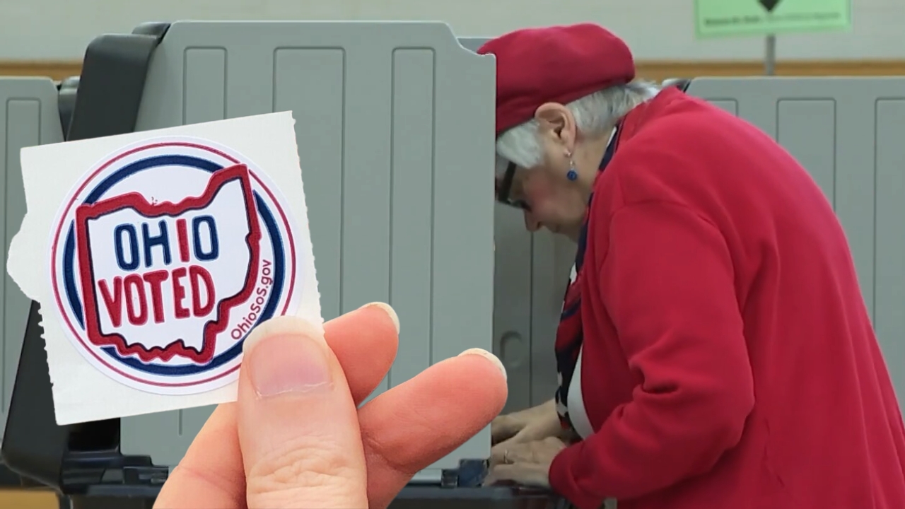 The Image Shows an Elderly Woman Voting at A Polling Station in Ohio, with A Close-Up of An "Ohio Voted" Sticker Held by A Hand, Illustrating Participation in The Voting Process