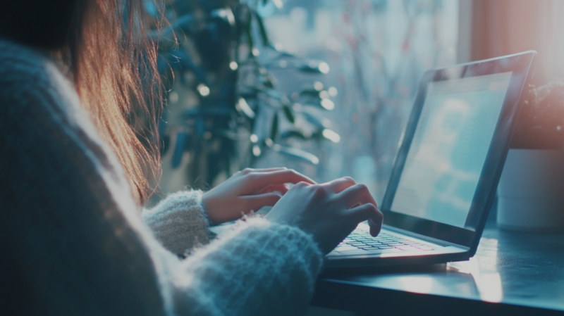 The Image Shows a Woman Using a Laptop in A Cozy Indoor Setting