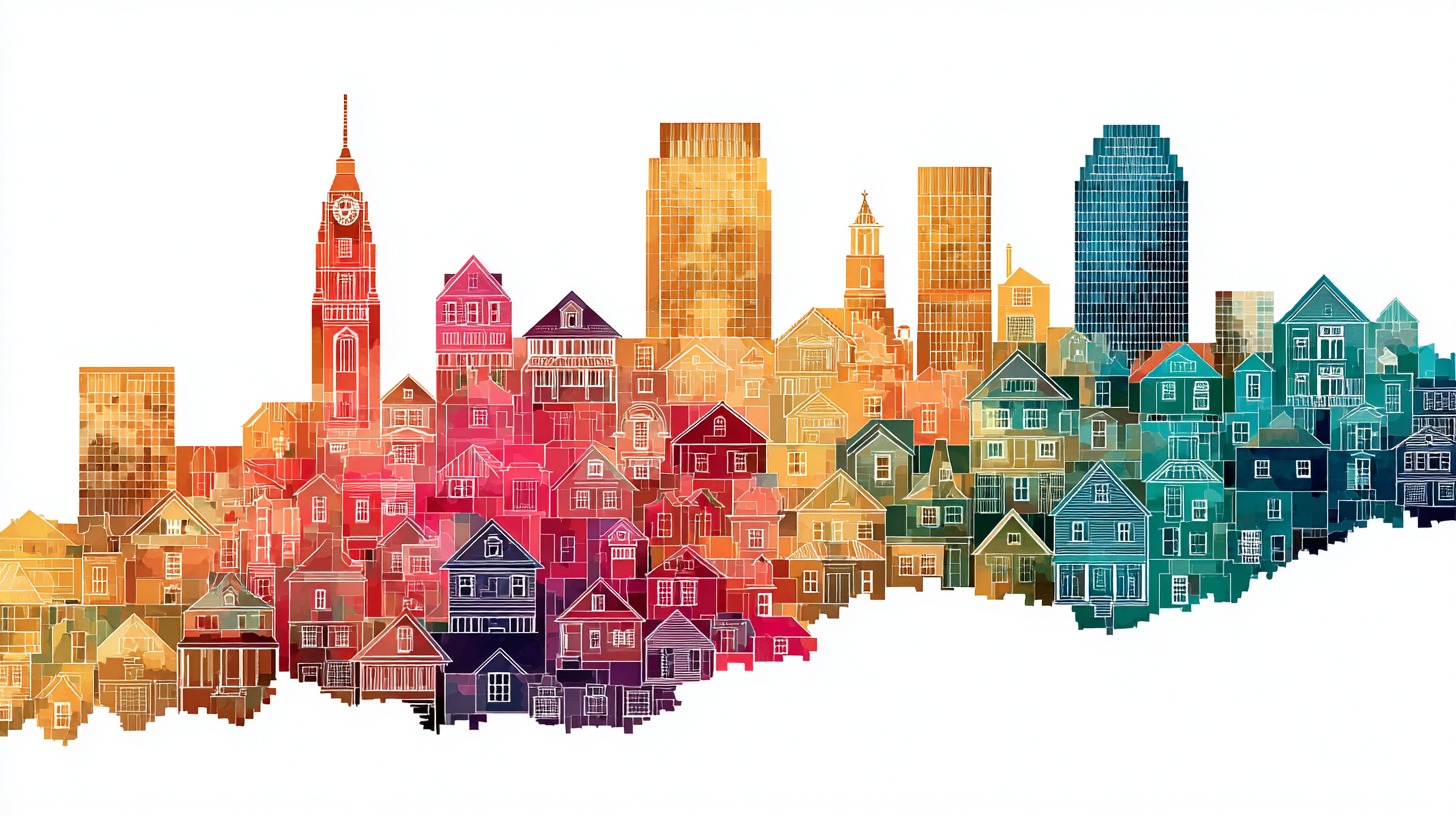 Colorful illustration of Ohio city skyline and homes symbolizing economic diversity and household income rankings