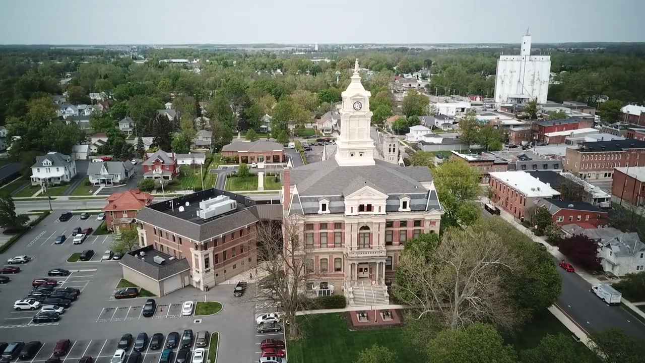 Aerial view of Union County Courthouse in Marysville, Ohio, surrounded by residential and commercial buildings
