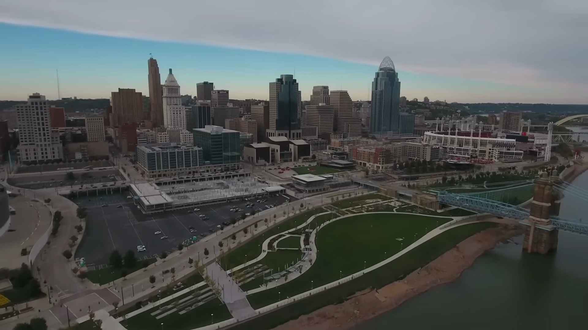 Aerial view of downtown Cincinnati skyline and riverfront park