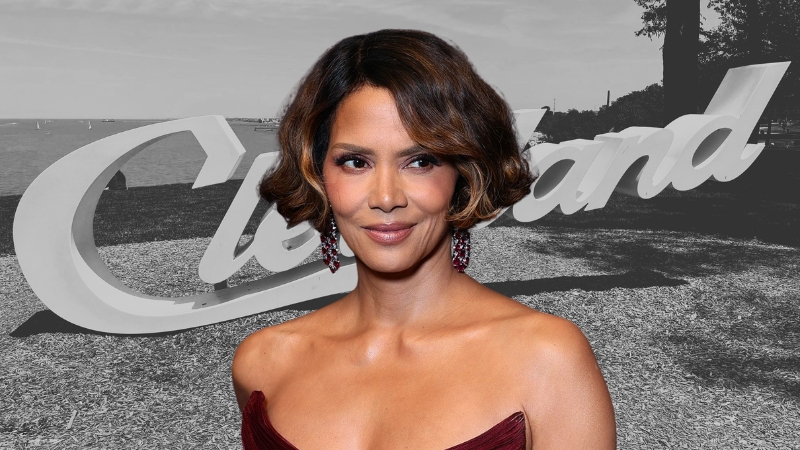 Halle Berry in front of the Cleveland sign, highlighting her Ohio roots