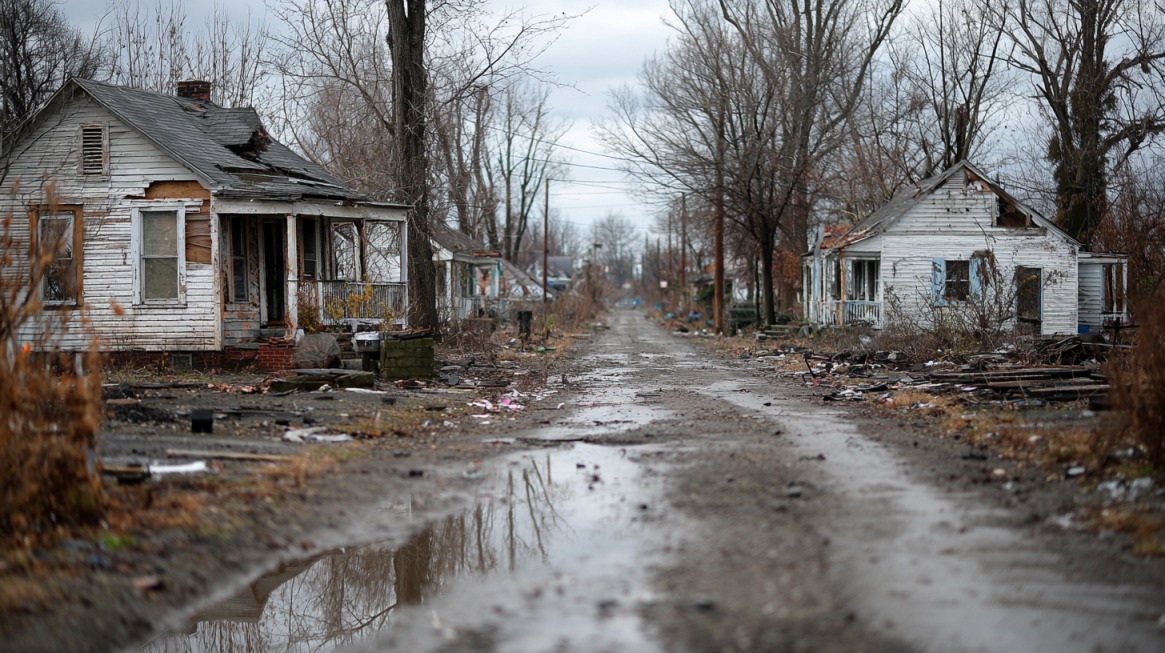 Run-down houses and muddy road in a neglected Ohio neighborhood