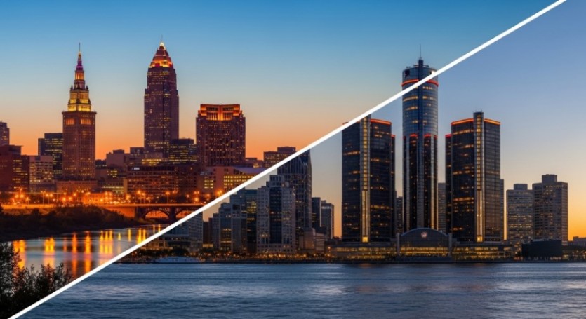 Photo split in half, left side showing Cleveland, right side showing Detroit
