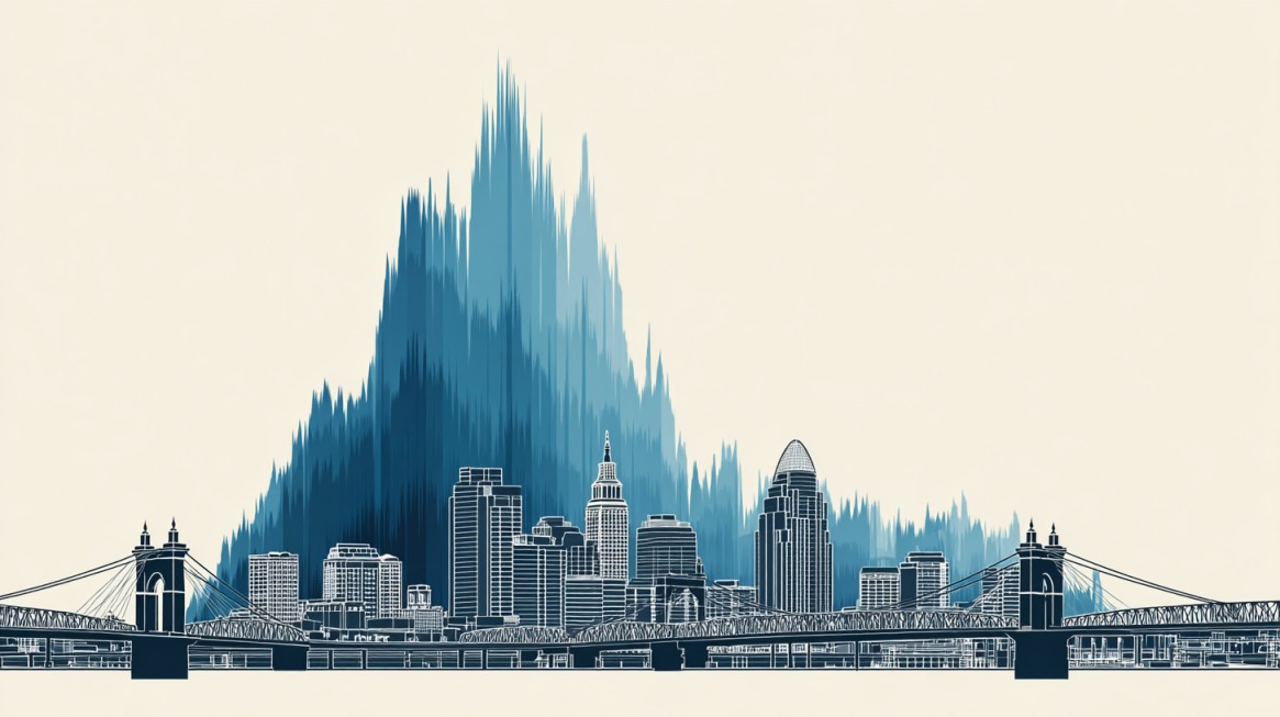 Stylized city skyline with abstract peaks representing employment and economic activity