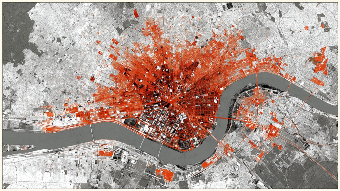Aerial map showing urban areas highlighted in red along a river through a city