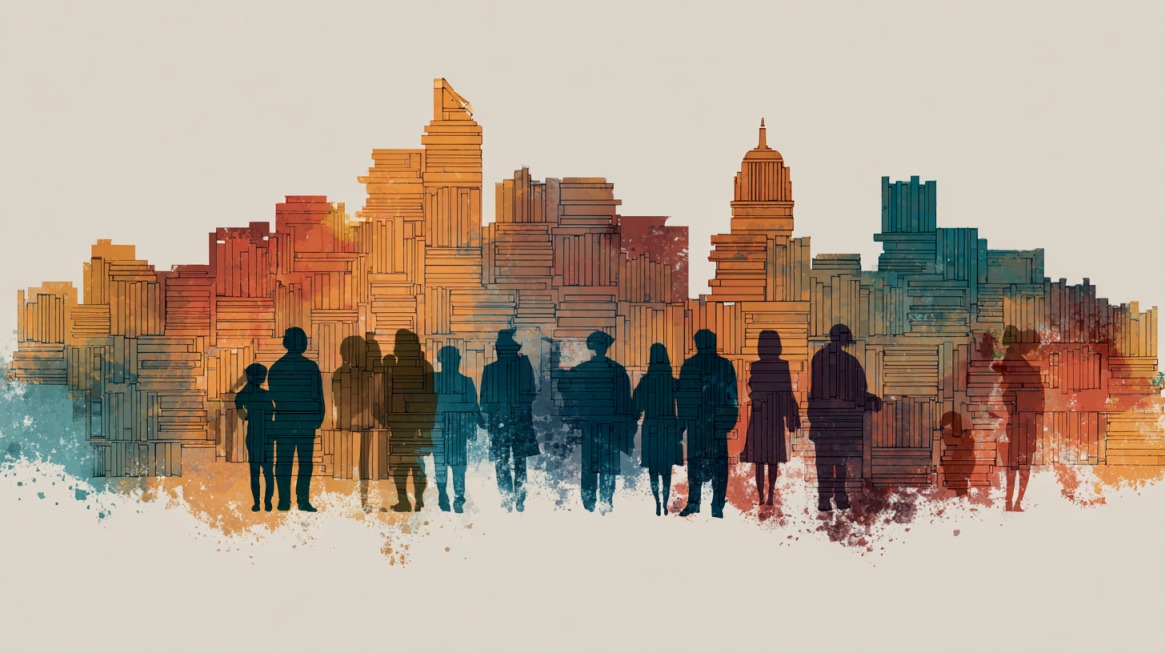 Stylized city skyline with silhouettes representing diverse racial and ethnic communities