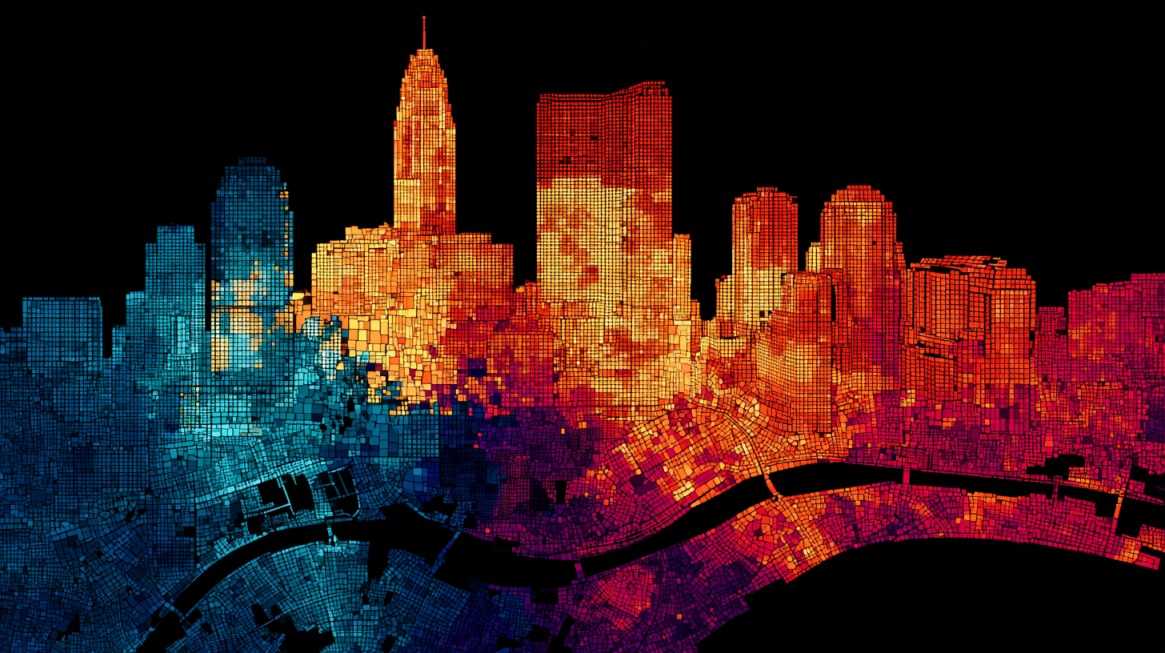 Colorful data styled illustration of the Columbus Ohio skyline at night