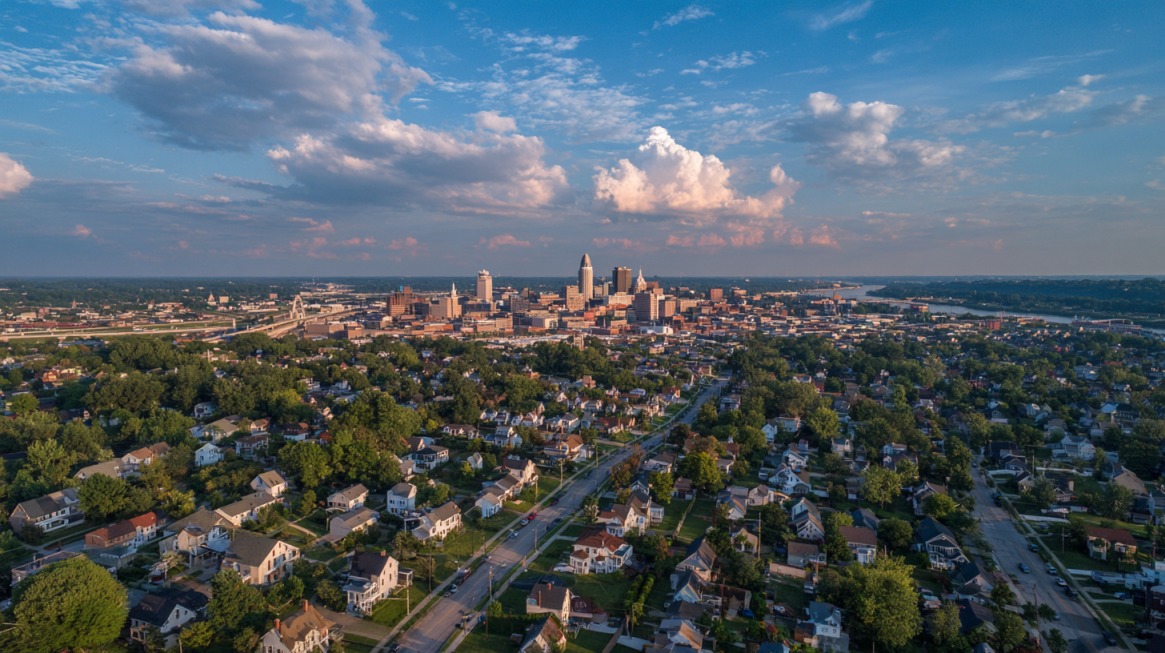 Aerial view of a growing city skyline surrounded by expanding neighborhoods in Southern Ohio