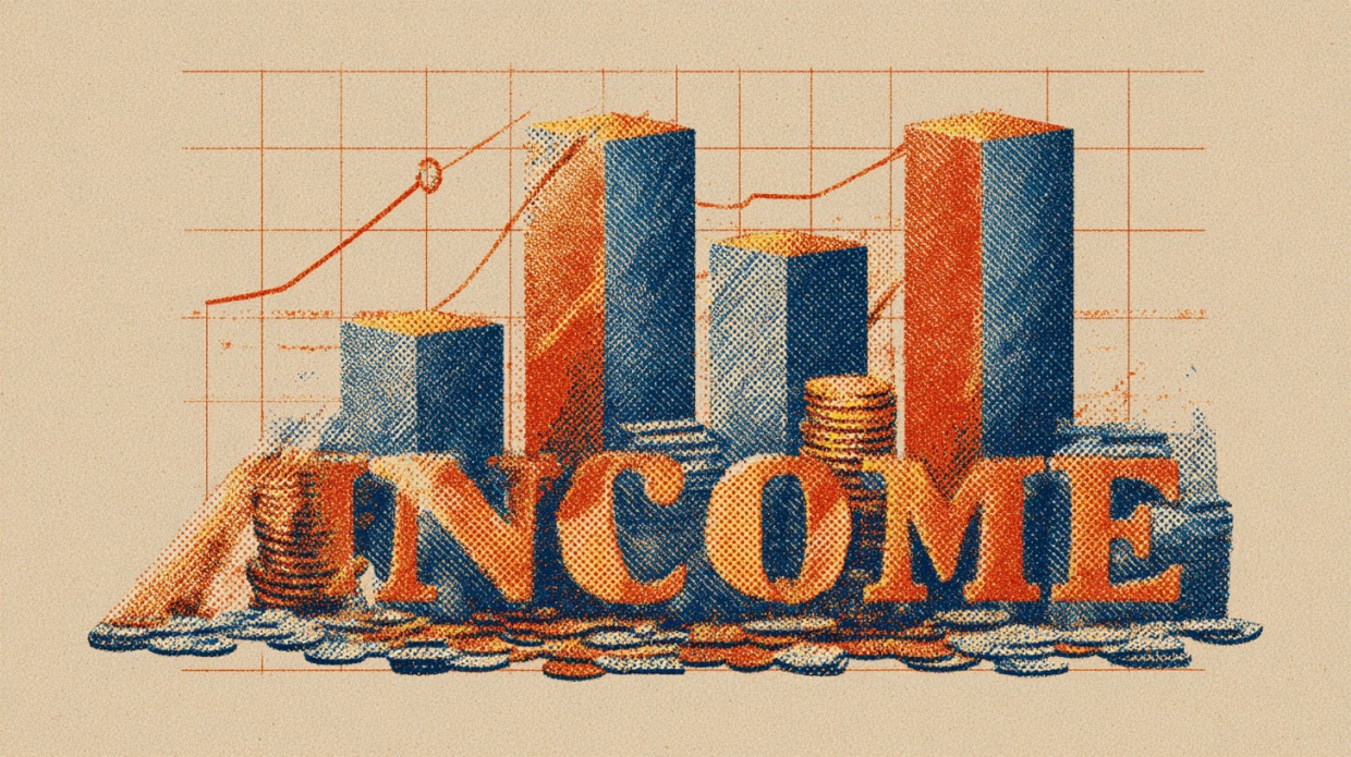 Stylized bar graph and coins under the word INCOME.