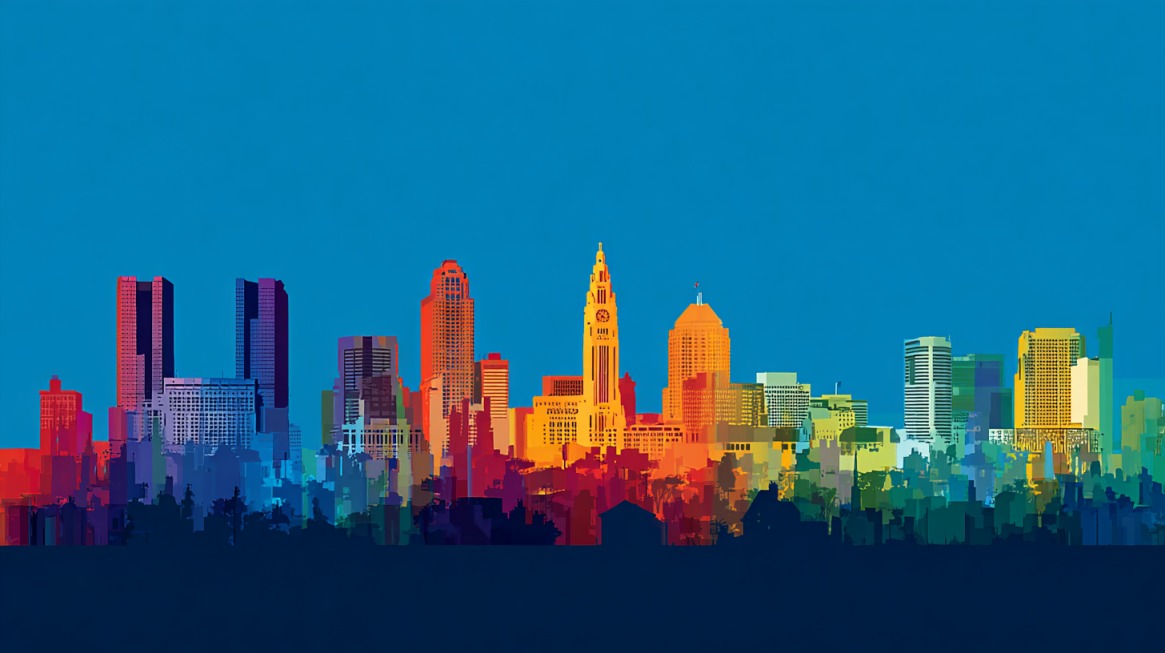 Colorful illustration of the Columbus skyline representing income and economic differences