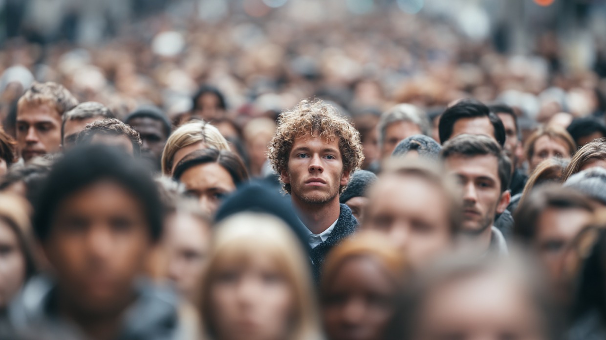 A large, diverse crowd with one man in sharp focus.
