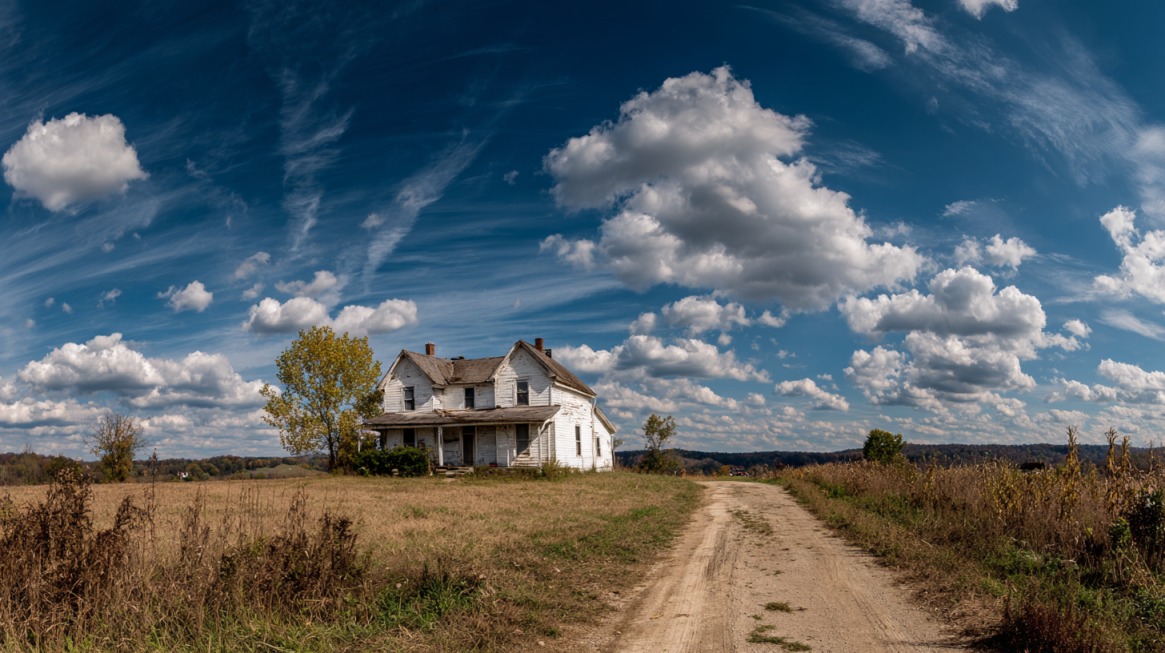 Old white farmhouse beside a dirt road under a wide blue sky with scattered clouds