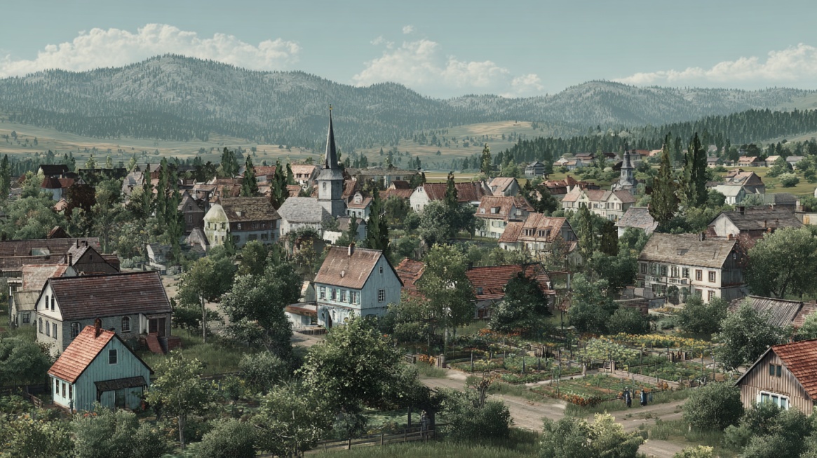 Small rural village with traditional European-style houses, church, and gardens surrounded by hills