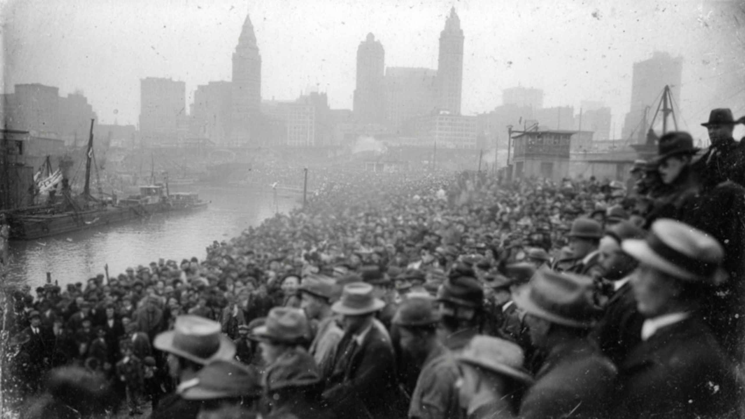 Large crowd of early 20th century immigrants standing by a river with a city skyline in the background