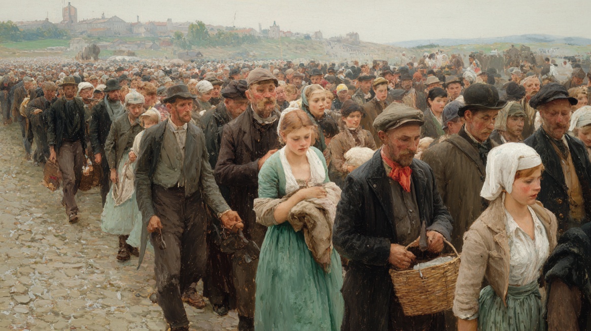 Large group of European immigrants walking in a line carrying belongings across a rural landscape