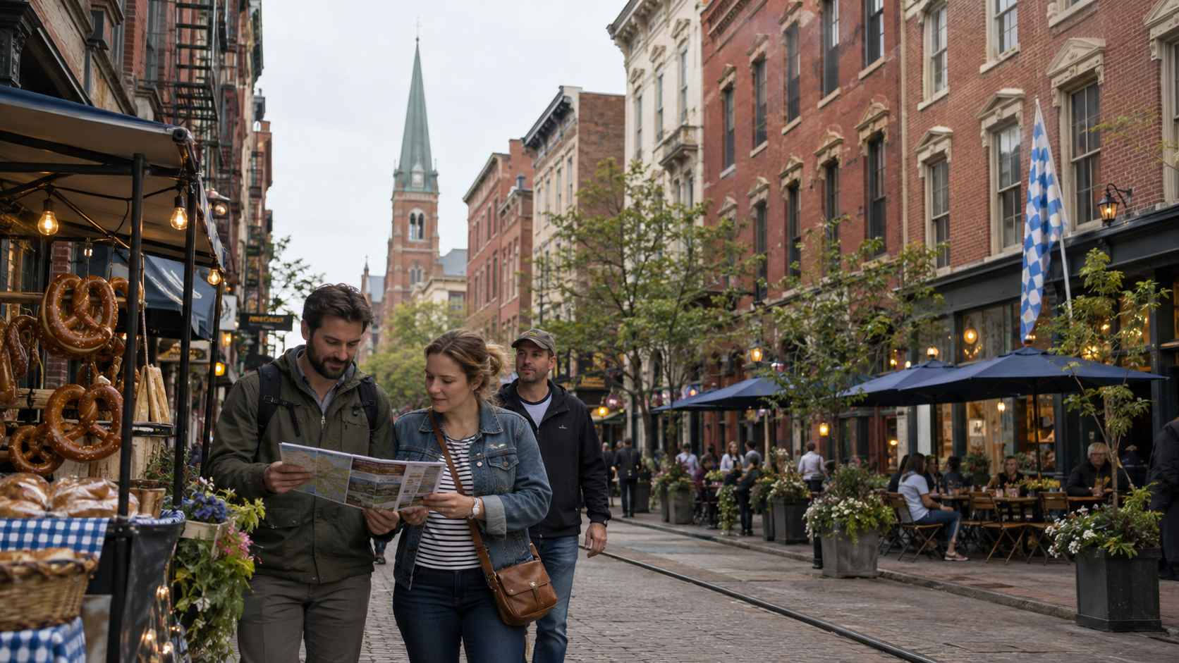 Historic brick buildings, a German-style pretzel stand, and outdoor cafés along a Cincinnati street.