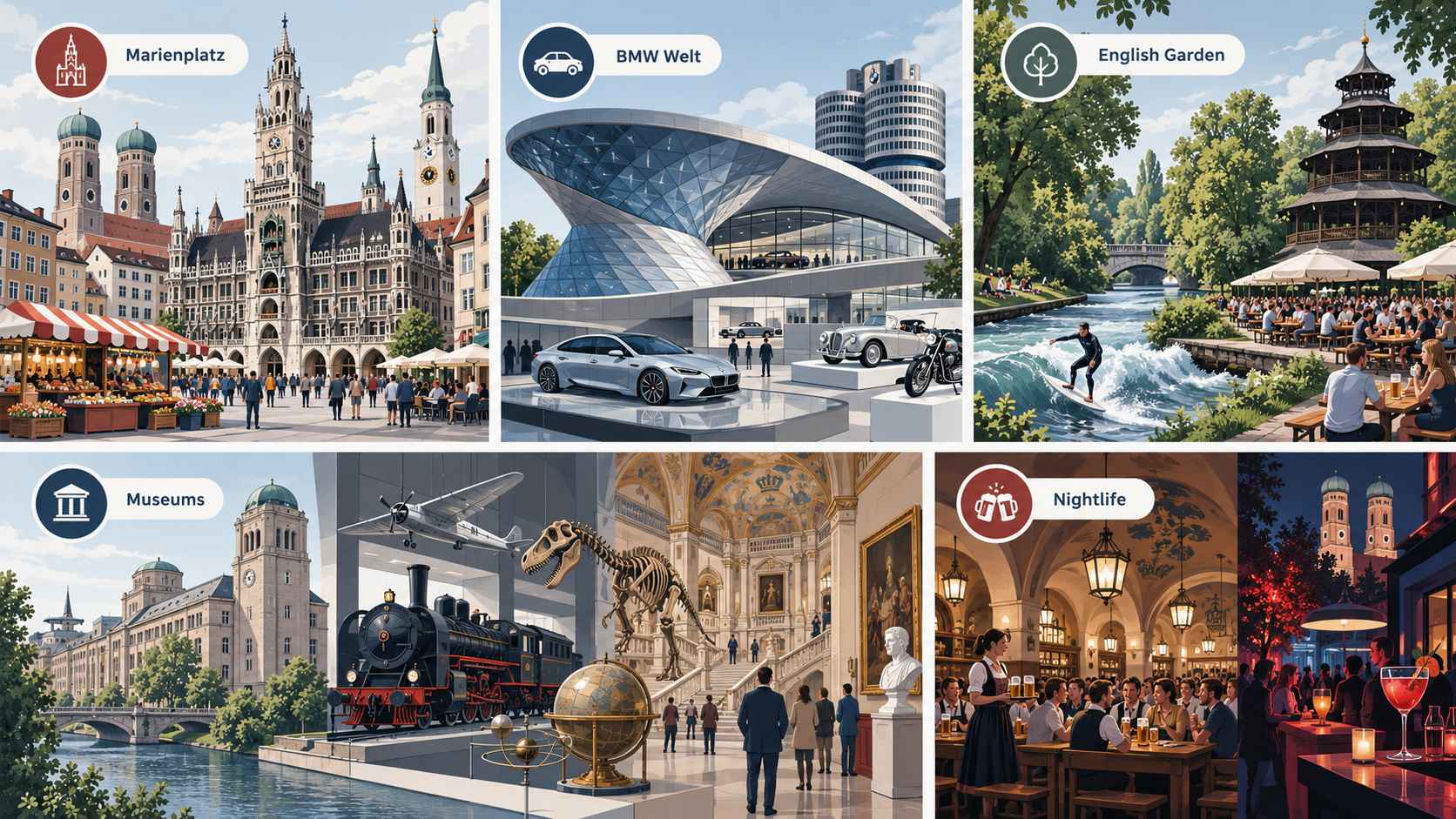 Infographic illustrating Munich attractions, including Marienplatz, BMW Welt, English Garden, museums, and nightlife.