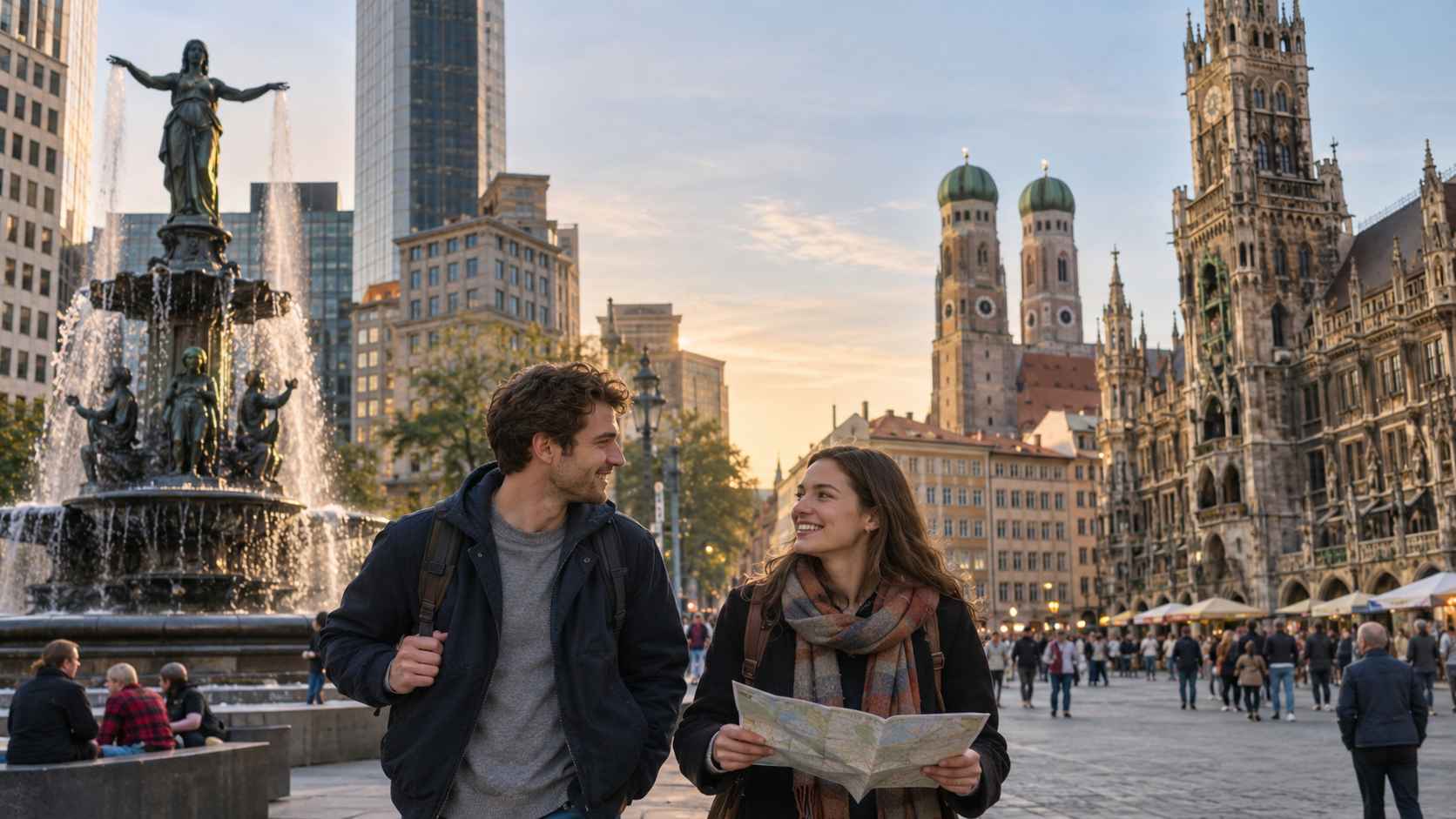 Cincinnati's Tyler Davidson Fountain and Munich's historic architecture with two travelers in the foreground.